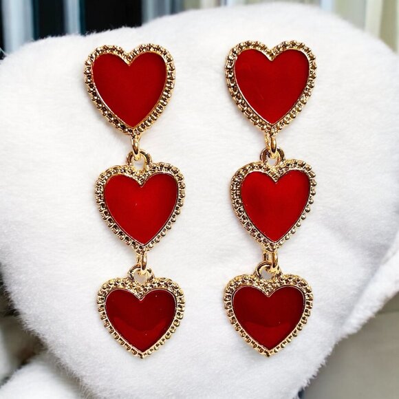 3 Hearts Long Dangle Earring - Picture 1 of 5